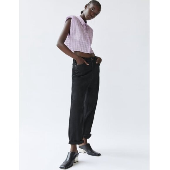 Zara Lilac Gingham Shoulder Pad Cropped Blouse Size S - Picture 5 of 10